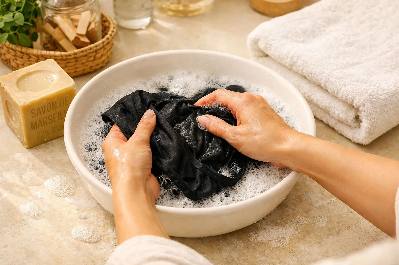 Lavage à la main d'une culotte menstruelle avec savon doux