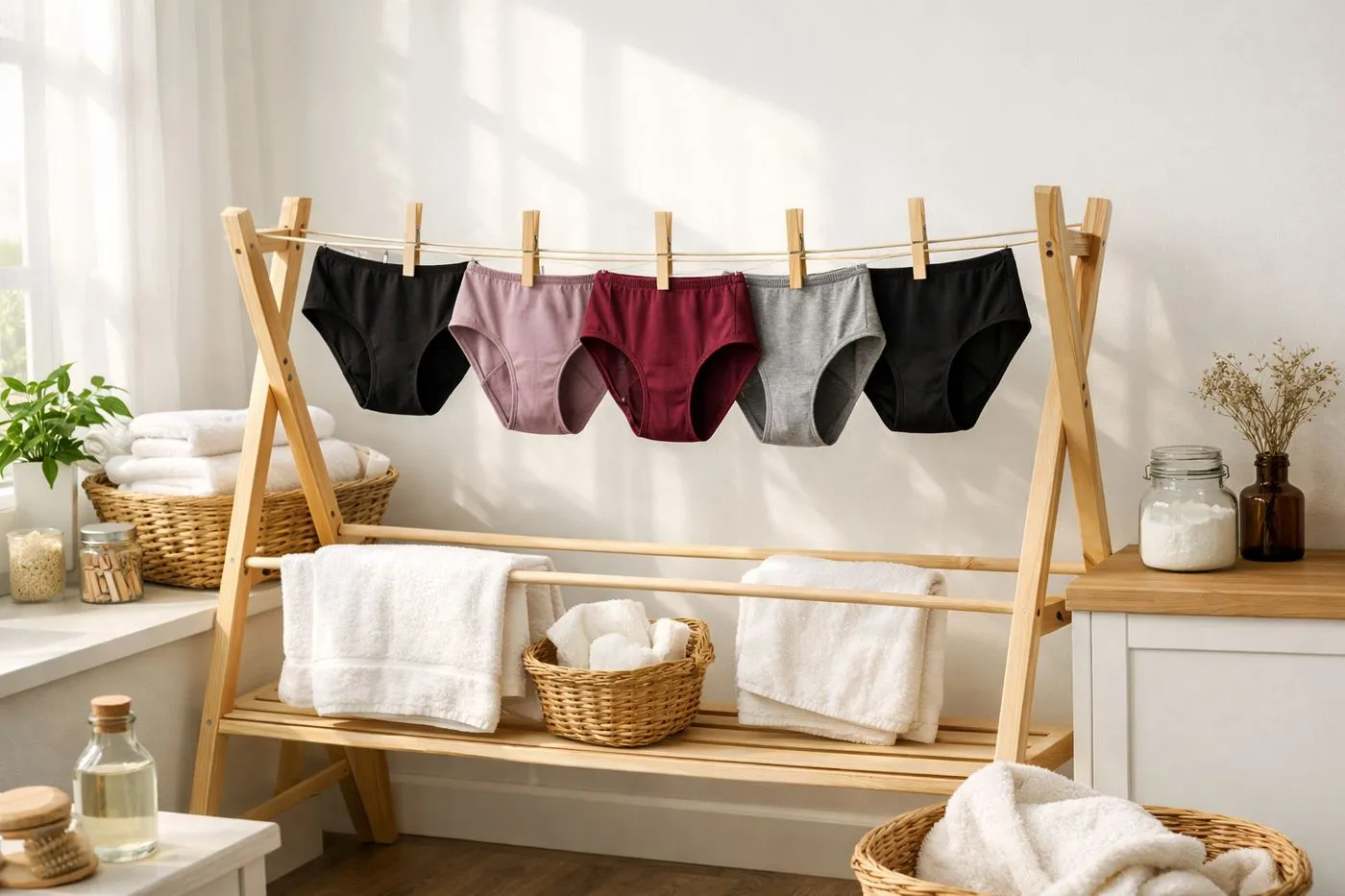 Culottes menstruelles propres suspendues après lavage