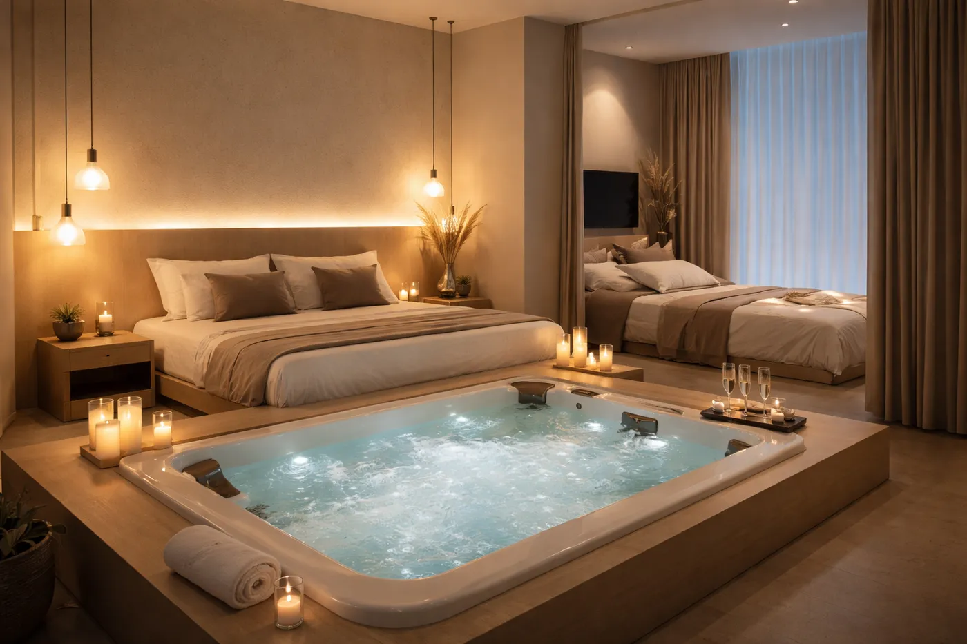 Love Room mit Spa privatif und gedimmter Atmosphaere