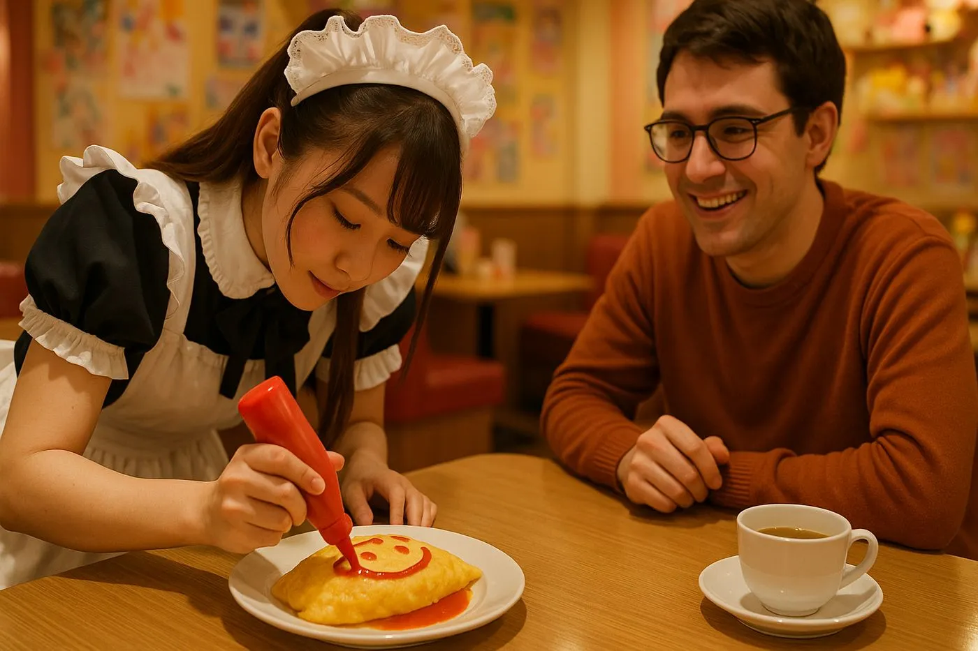 Maid zeichnet mit Ketchup auf ein Omurice