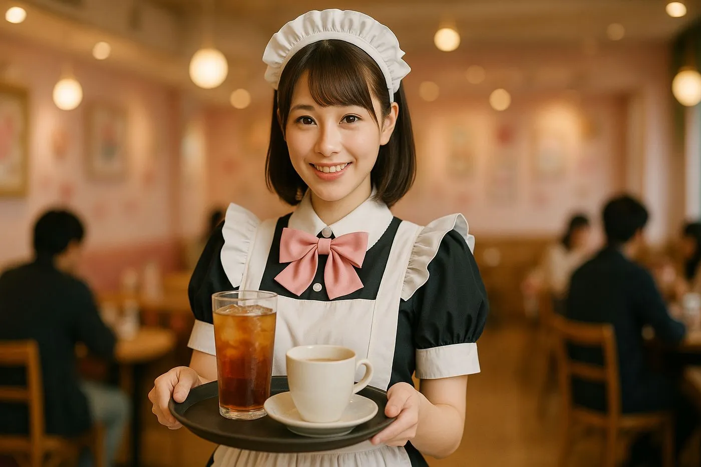 Maid in Uniform bedient Gaeste im Cafe