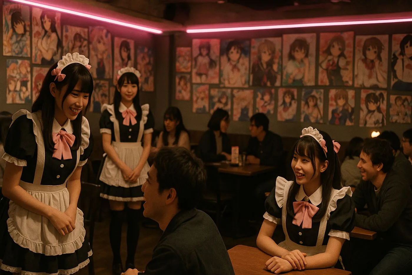Innenraum eines Maid Cafes in Tokyo mit Bedienungen in Uniform
