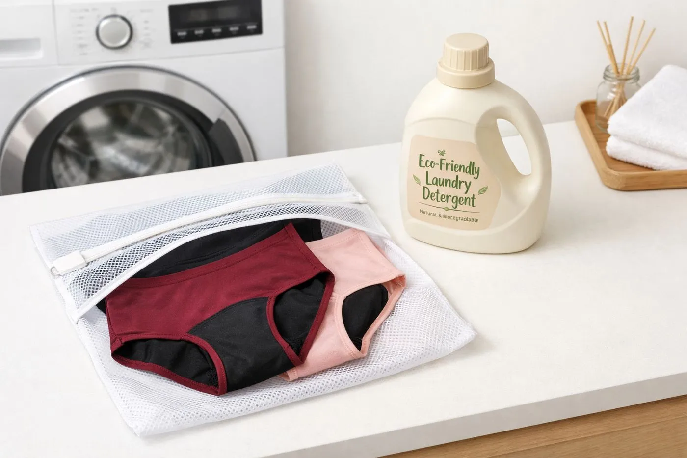 Menstruationsslips im Waeschenetz fuer die Maschine